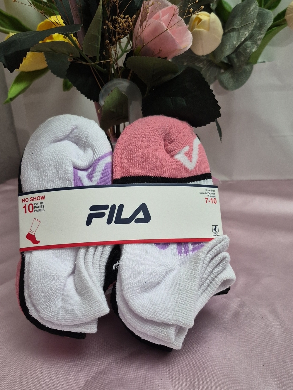 FILA No-Show Athletic Socks Pack — White, Pink, Black & Grey. 10 Pairs NWT 2224